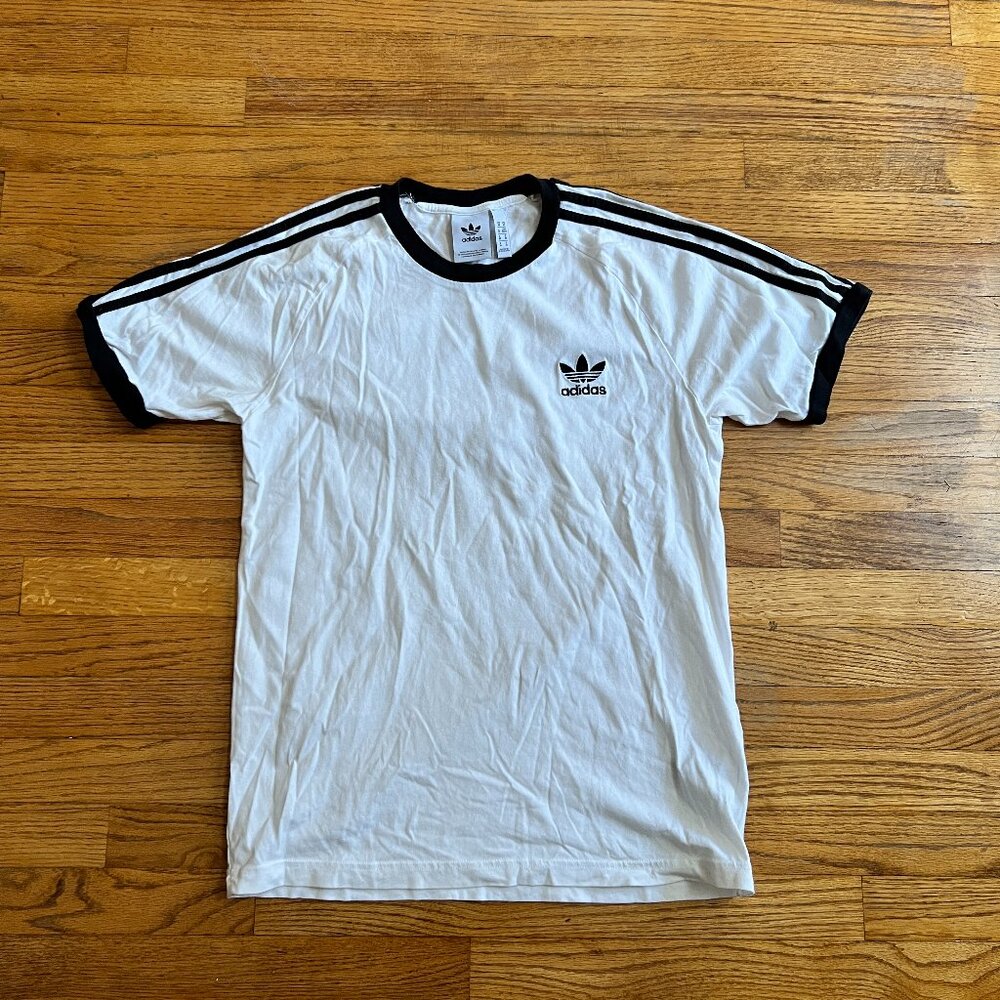 Men's White Adidas Originals Short Sleeve Shirt with Black Stripes & Trim Size M